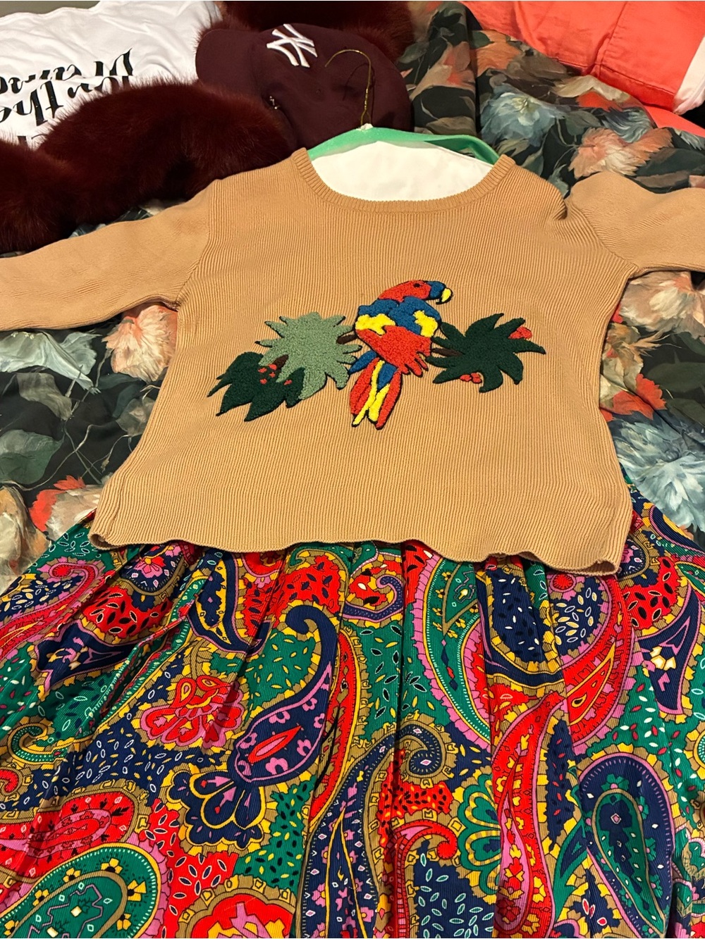 Valentino Tan Sweater with Colorful Parrot